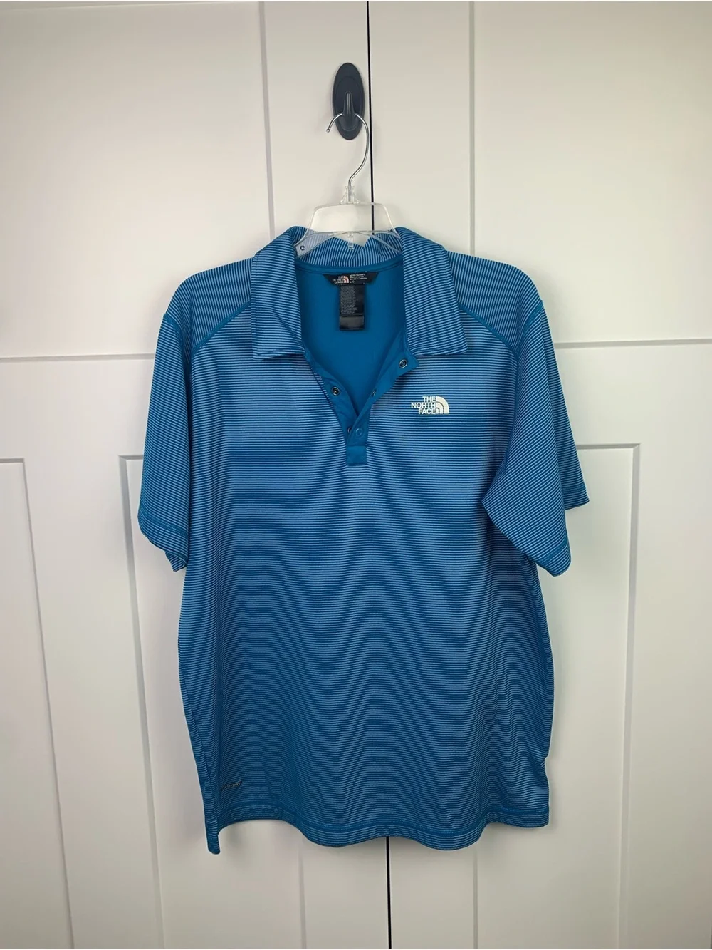 The North Face Men's L Blue White Striped Short Sleeve Polo Golf Shirt Preppy